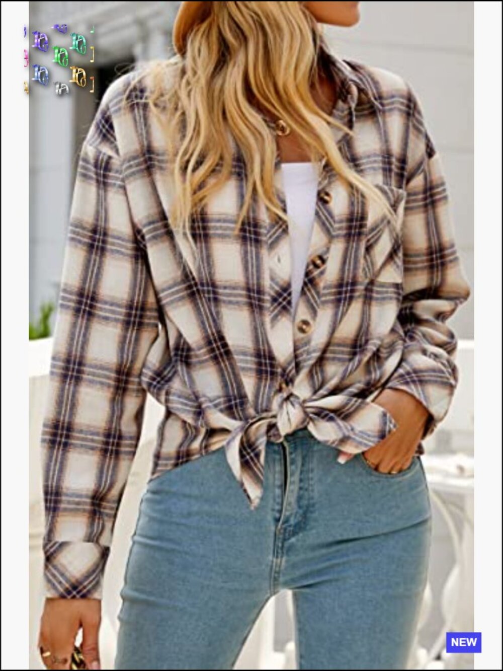 Oversized Button Down Flannel Shirt Business Casual Top with Pockets - Picture 2 of 7
